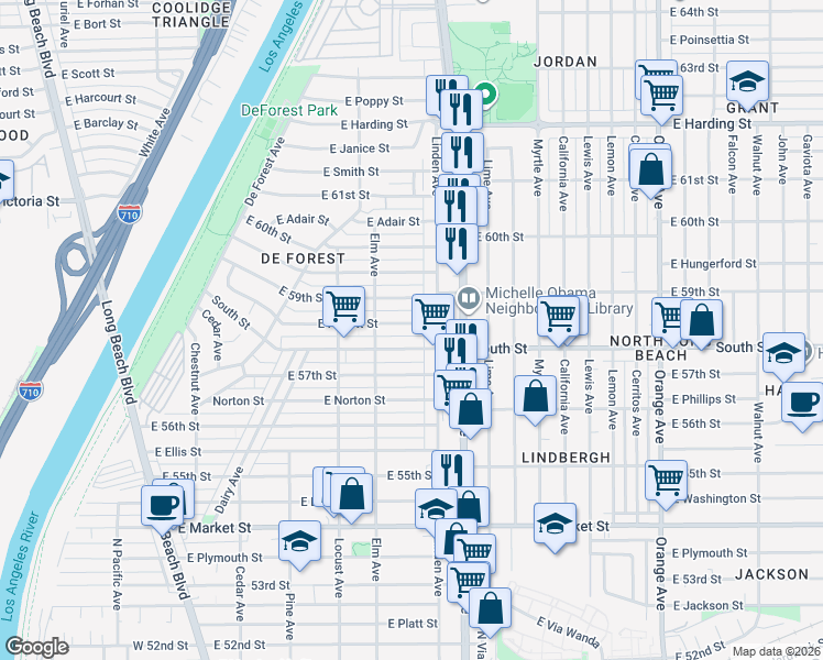 map of restaurants, bars, coffee shops, grocery stores, and more near in Long Beach