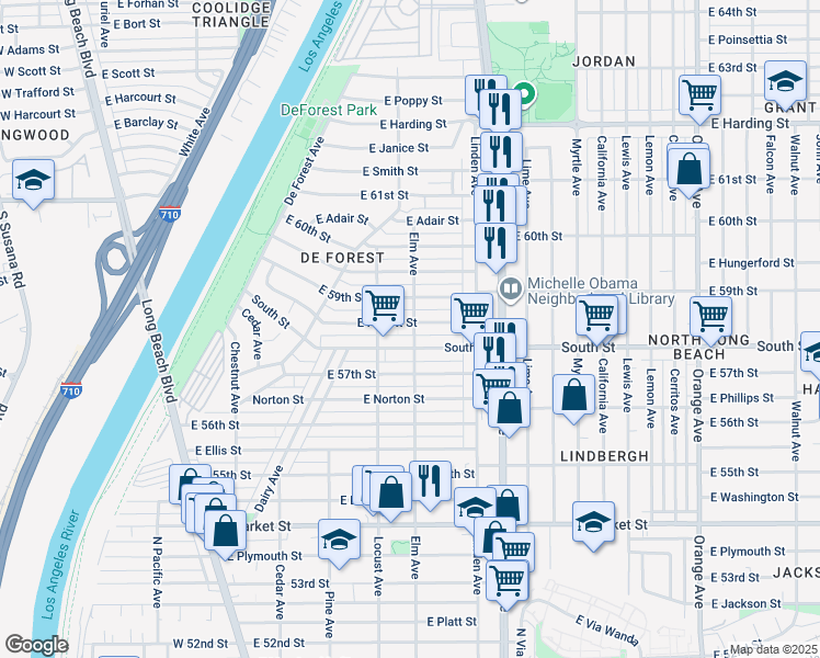 map of restaurants, bars, coffee shops, grocery stores, and more near 417 East Hullett Street in Long Beach