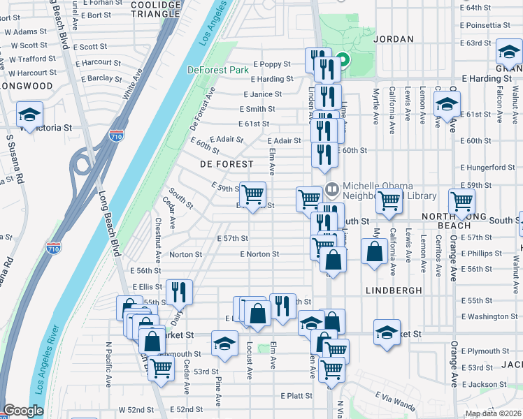 map of restaurants, bars, coffee shops, grocery stores, and more near 321 East Hullett Street in Long Beach