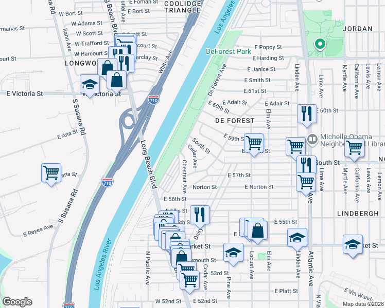 map of restaurants, bars, coffee shops, grocery stores, and more near 5798 Chestnut Avenue in Long Beach