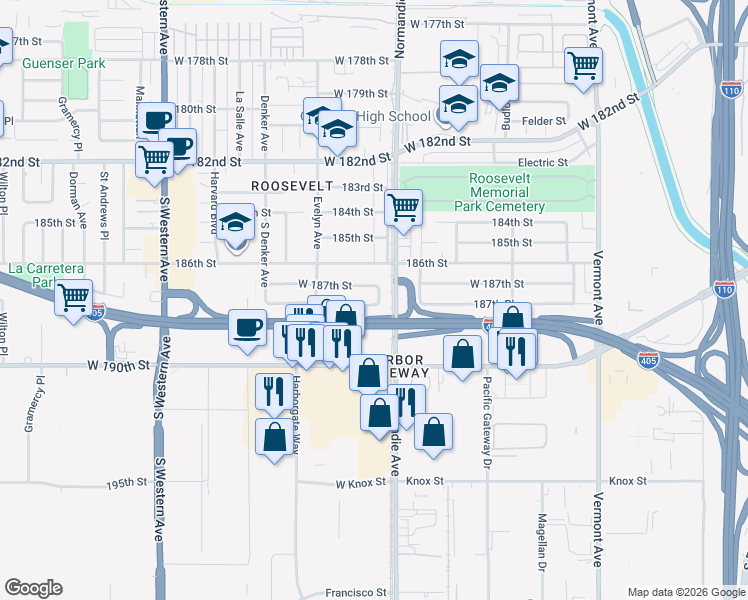 map of restaurants, bars, coffee shops, grocery stores, and more near 1418 West 187th Street in Gardena