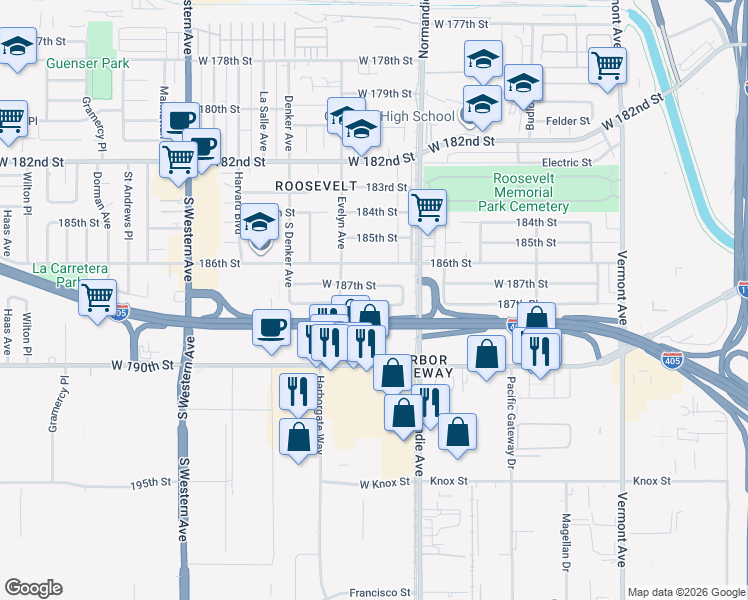 map of restaurants, bars, coffee shops, grocery stores, and more near 1418 West 187th Street in Gardena