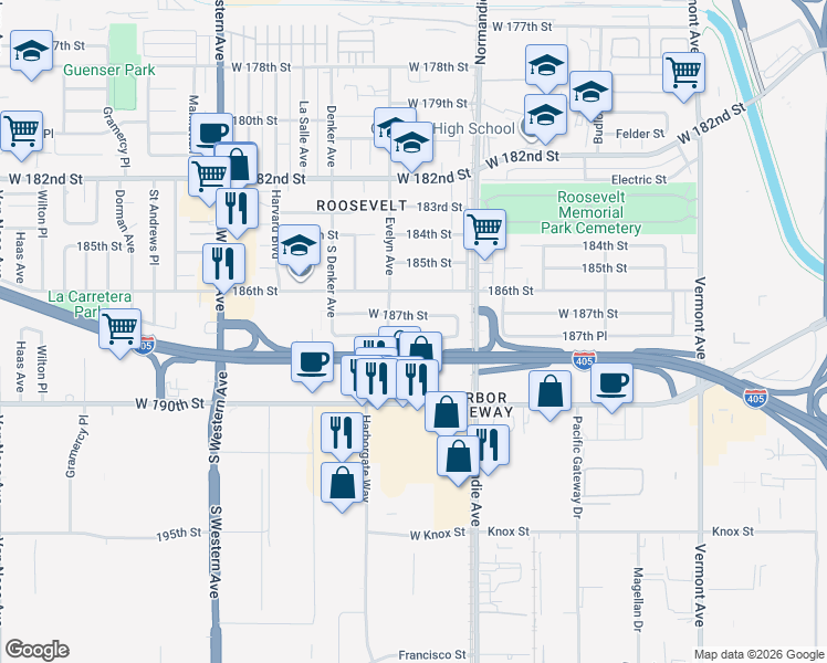 map of restaurants, bars, coffee shops, grocery stores, and more near 1474 West 187th Street in Gardena