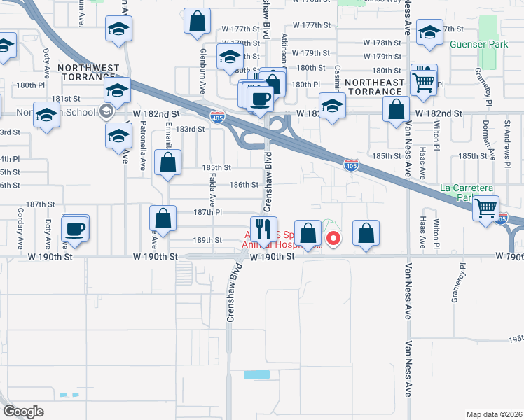 map of restaurants, bars, coffee shops, grocery stores, and more near 3122 187th Street in Torrance