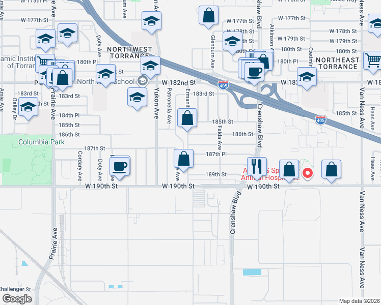 map of restaurants, bars, coffee shops, grocery stores, and more near 3420 187th Street in Torrance
