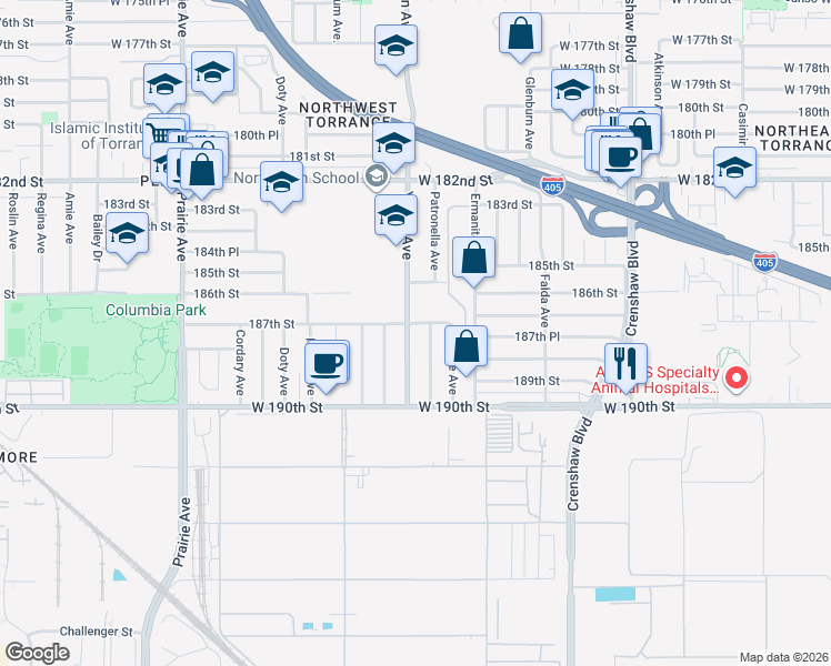 map of restaurants, bars, coffee shops, grocery stores, and more near 18626 Yukon Avenue in Torrance