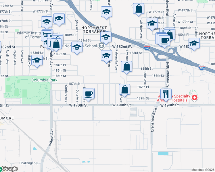 map of restaurants, bars, coffee shops, grocery stores, and more near 18626 Yukon Avenue in Torrance