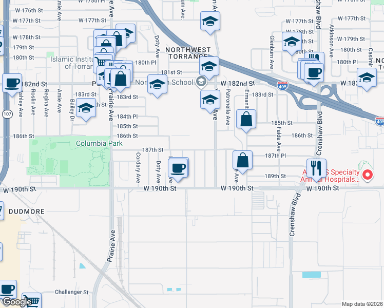 map of restaurants, bars, coffee shops, grocery stores, and more near 3631 187th Street in Torrance