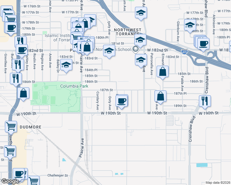 map of restaurants, bars, coffee shops, grocery stores, and more near 3811 187th Street in Torrance