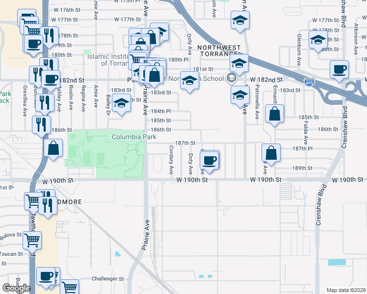map of restaurants, bars, coffee shops, grocery stores, and more near 3905 187th Street in Torrance