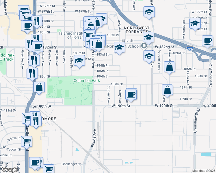 map of restaurants, bars, coffee shops, grocery stores, and more near 3905 187th Street in Torrance