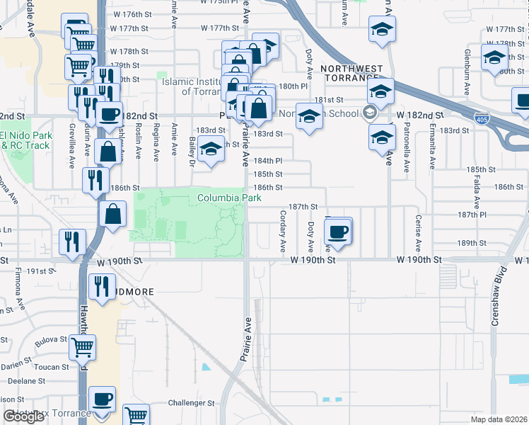 map of restaurants, bars, coffee shops, grocery stores, and more near 3941 187th Street in Torrance