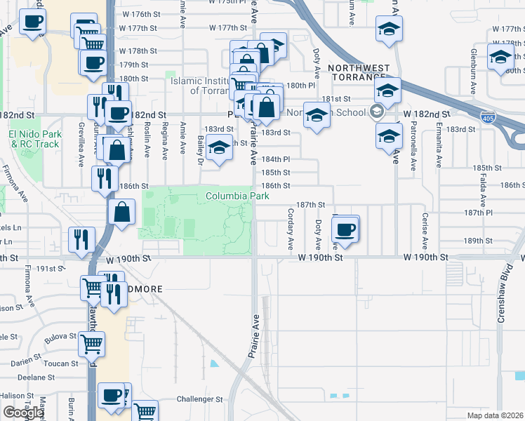map of restaurants, bars, coffee shops, grocery stores, and more near 18628 Prairie Avenue in Torrance