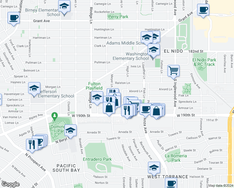 map of restaurants, bars, coffee shops, grocery stores, and more near 790 Meyer Lane in Redondo Beach