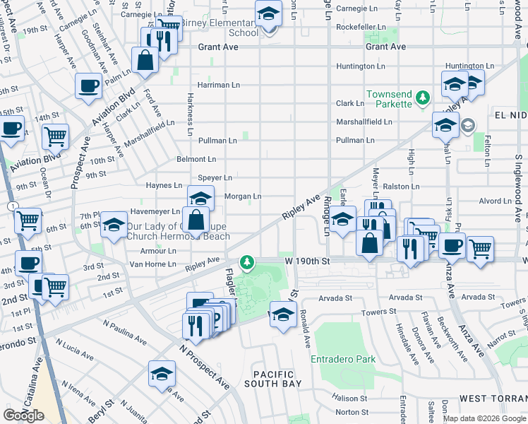 map of restaurants, bars, coffee shops, grocery stores, and more near 1922 Morgan Lane in Redondo Beach