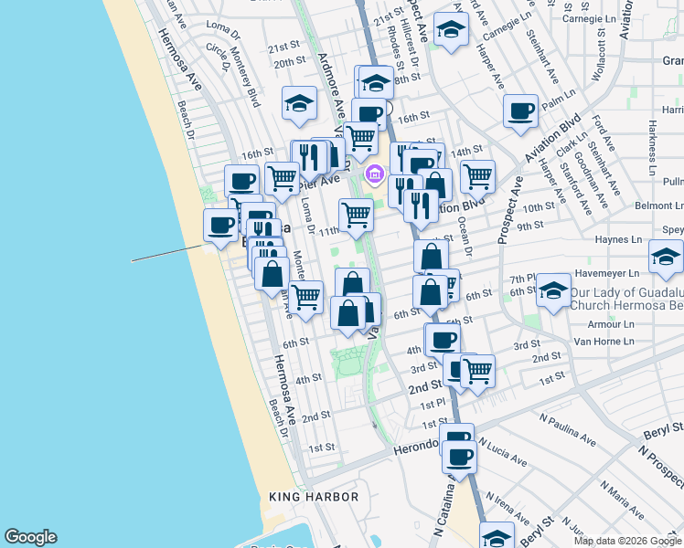 map of restaurants, bars, coffee shops, grocery stores, and more near 861 Valley Drive in Hermosa Beach