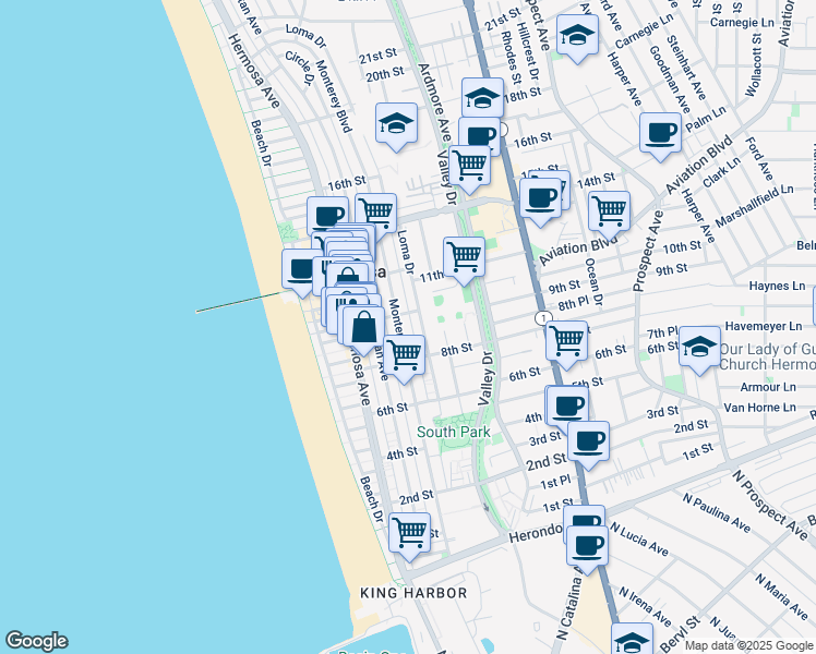 map of restaurants, bars, coffee shops, grocery stores, and more near in Hermosa Beach