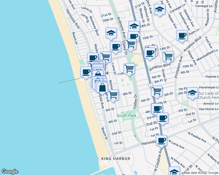 map of restaurants, bars, coffee shops, grocery stores, and more near in Hermosa Beach