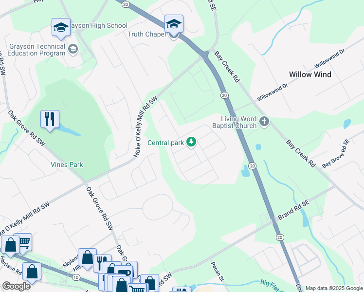 map of restaurants, bars, coffee shops, grocery stores, and more near 66 Cottontail Lane in Loganville