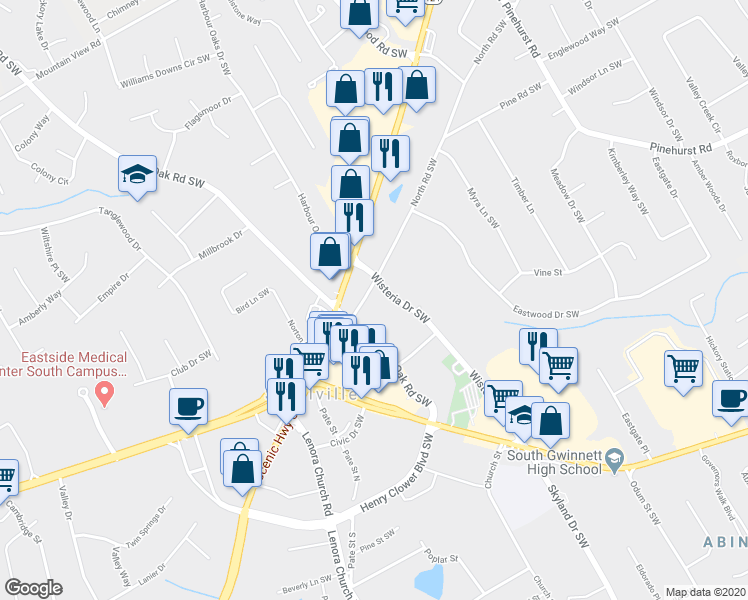 map of restaurants, bars, coffee shops, grocery stores, and more near 2220 Wisteria Drive Southwest in Snellville