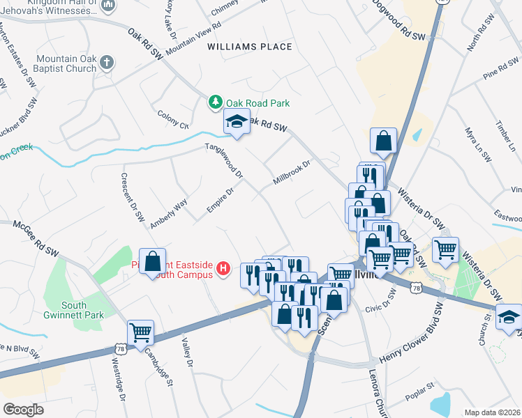 map of restaurants, bars, coffee shops, grocery stores, and more near 2117 Tanglewood Drive in Snellville