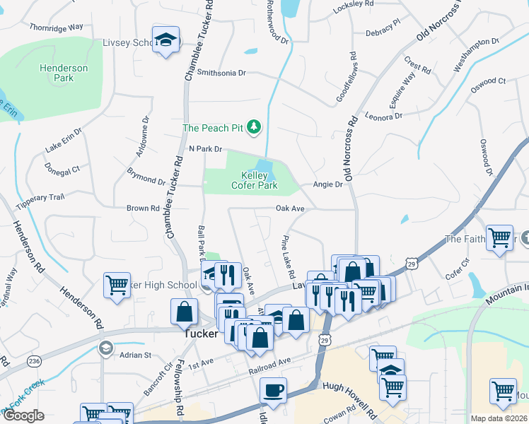 map of restaurants, bars, coffee shops, grocery stores, and more near 4293 Lehaven Circle in Tucker