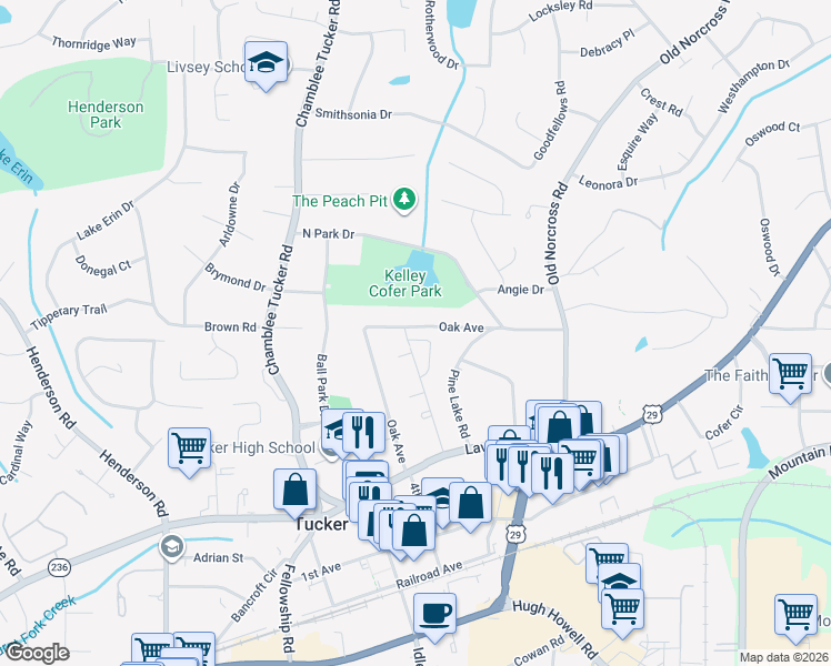 map of restaurants, bars, coffee shops, grocery stores, and more near 4293 Lehaven Circle in Tucker