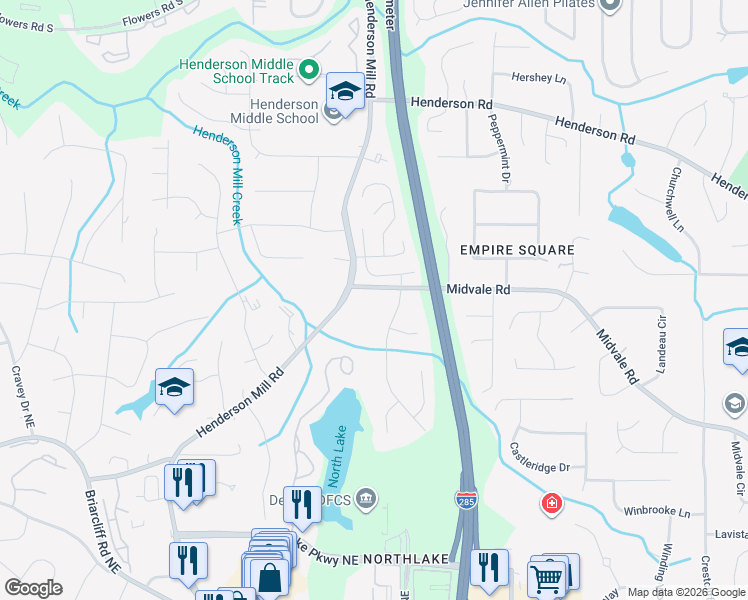 map of restaurants, bars, coffee shops, grocery stores, and more near 3377 Midvale Road Northeast in Atlanta