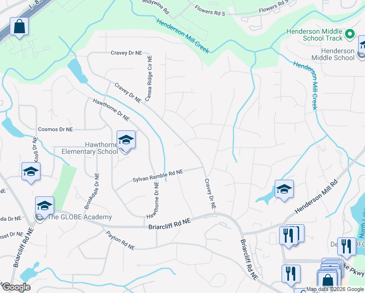 map of restaurants, bars, coffee shops, grocery stores, and more near 2940 Tall Pines Way Northeast in Atlanta