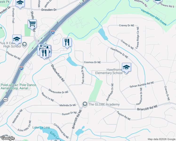 map of restaurants, bars, coffee shops, grocery stores, and more near 2571 Flair Knoll Drive Northeast in Atlanta