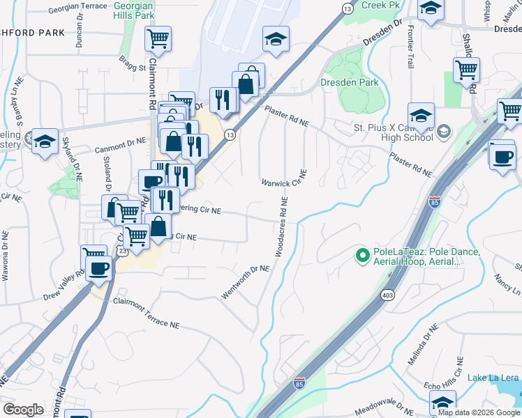 map of restaurants, bars, coffee shops, grocery stores, and more near 2563-2579 Dering Court Northeast in Atlanta