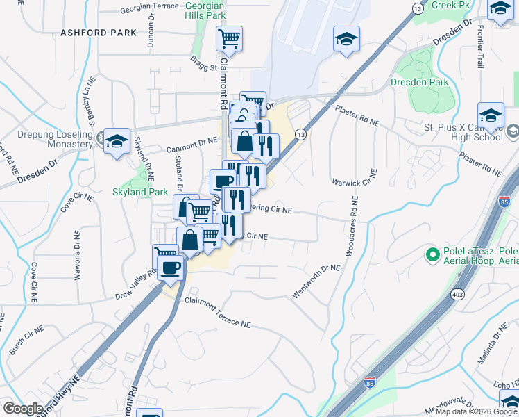 map of restaurants, bars, coffee shops, grocery stores, and more near 2216 Dering Circle Northeast in Atlanta