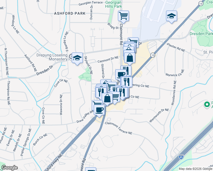 map of restaurants, bars, coffee shops, grocery stores, and more near 1964 Skyfall Circle in Brookhaven