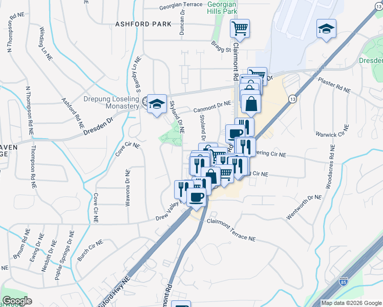 map of restaurants, bars, coffee shops, grocery stores, and more near 10 Skyland Terrace Northeast in Brookhaven