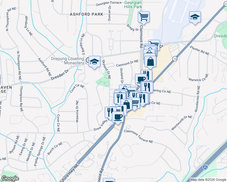 map of restaurants, bars, coffee shops, grocery stores, and more near 10 Skyland Terrace Northeast in Brookhaven