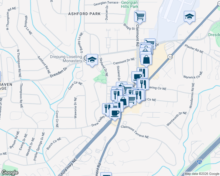 map of restaurants, bars, coffee shops, grocery stores, and more near 10 Skyland Terrace Northeast in Brookhaven