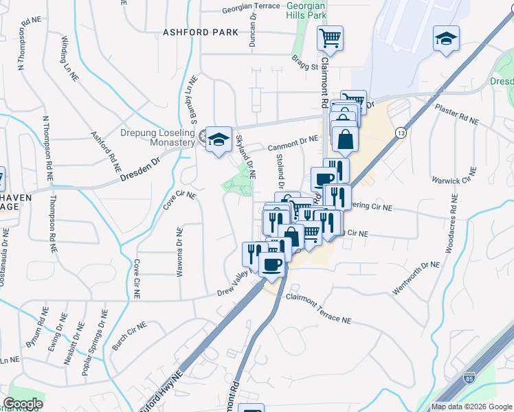 map of restaurants, bars, coffee shops, grocery stores, and more near 10 Skyland Terrace Northeast in Brookhaven