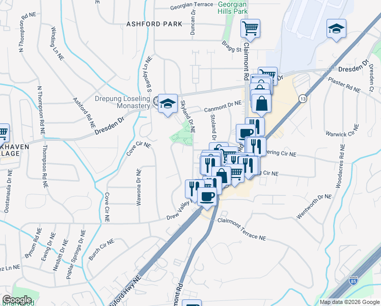 map of restaurants, bars, coffee shops, grocery stores, and more near 10 Skyland Terrace Northeast in Brookhaven