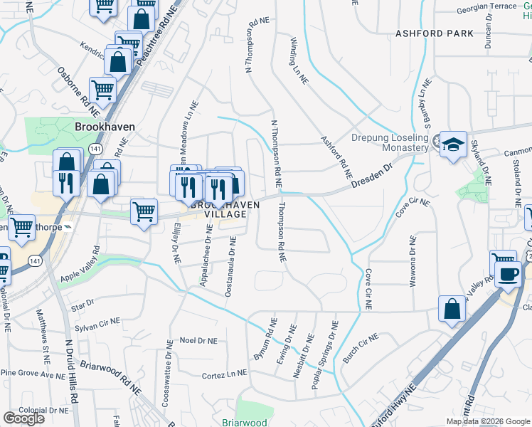 map of restaurants, bars, coffee shops, grocery stores, and more near 2552 North Thompson Road Northeast in Atlanta