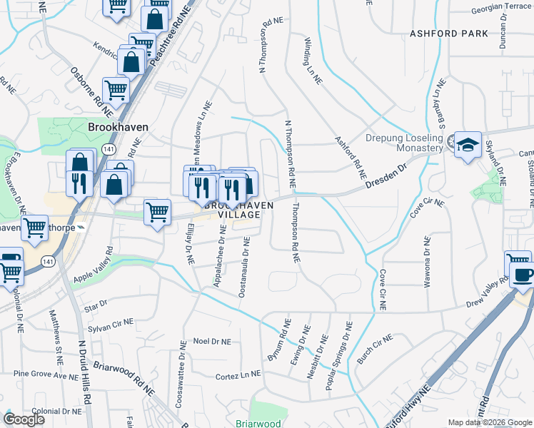 map of restaurants, bars, coffee shops, grocery stores, and more near 1475 Village Park Court Northeast in Atlanta