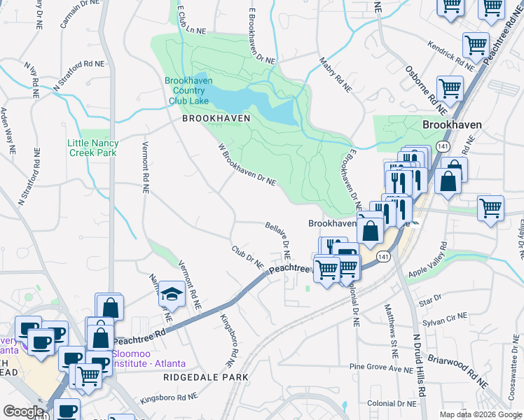map of restaurants, bars, coffee shops, grocery stores, and more near 3851 Club Drive Northeast in Atlanta