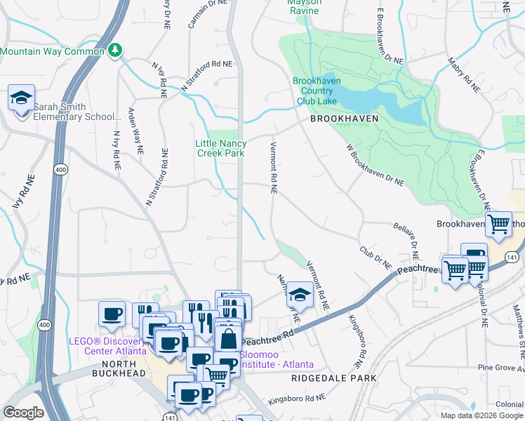 map of restaurants, bars, coffee shops, grocery stores, and more near 3905 Peachtree Dunwoody Road in Atlanta