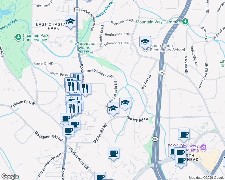 map of restaurants, bars, coffee shops, grocery stores, and more near 3915 Sheldon Drive Northeast in Atlanta