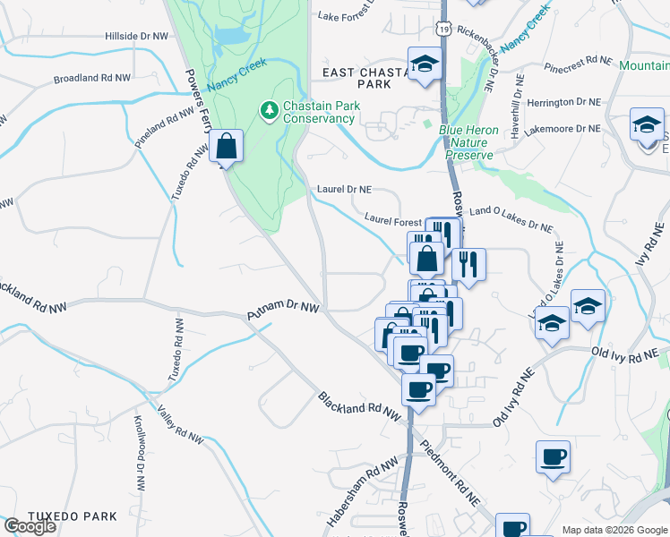 map of restaurants, bars, coffee shops, grocery stores, and more near 3886 Lake Forrest Drive Northeast in Atlanta