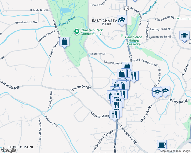 map of restaurants, bars, coffee shops, grocery stores, and more near 3886 Lake Forrest Drive Northeast in Atlanta
