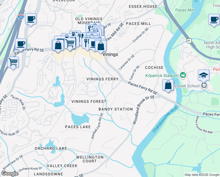 map of restaurants, bars, coffee shops, grocery stores, and more near 3024 Vinings Ferry Drive Southeast in Atlanta