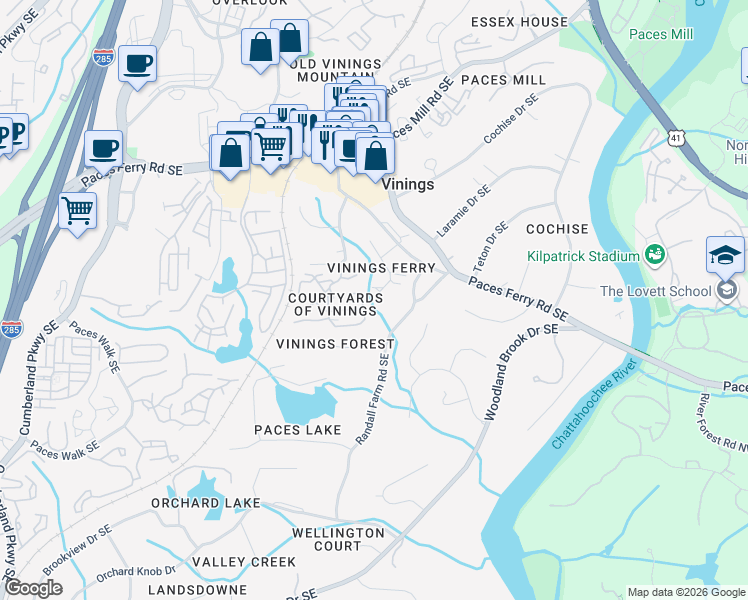 map of restaurants, bars, coffee shops, grocery stores, and more near 3842 Courtyard Drive in Atlanta