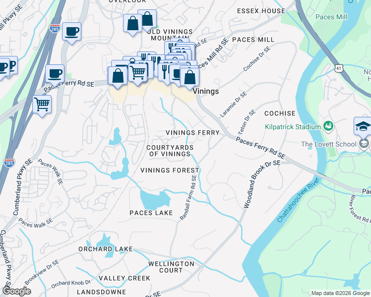 map of restaurants, bars, coffee shops, grocery stores, and more near 3842 Courtyard Drive in Atlanta