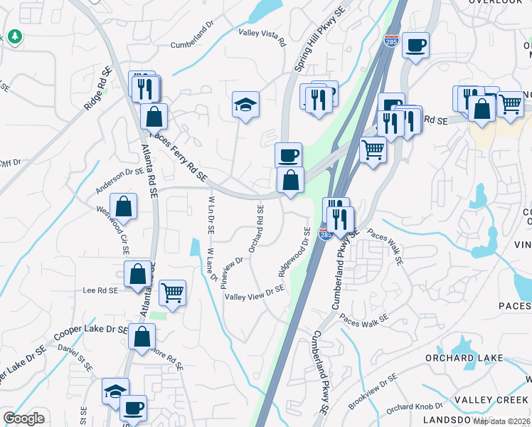 map of restaurants, bars, coffee shops, grocery stores, and more near 2389 Paces Ferry Road Southeast in Smyrna
