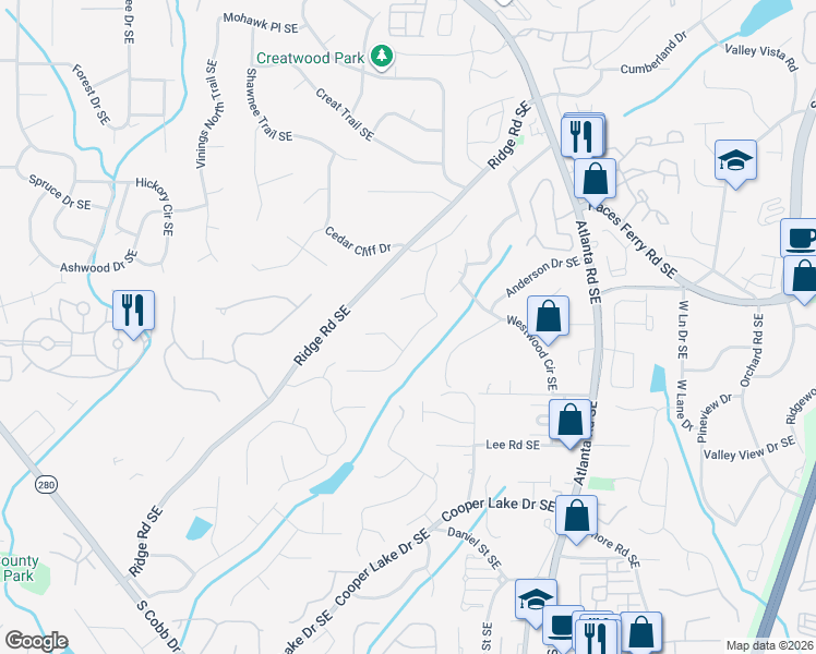 map of restaurants, bars, coffee shops, grocery stores, and more near 2030 Cliffside Court in Smyrna